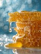 Overflowing Honeycomb Dripping with Thick Golden Honey Against Soothing Blue Wallpaper Backdrop in Macro Realist Style