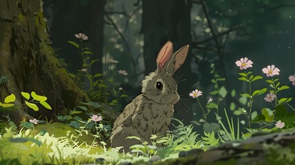 Wall Mural - A cute brown rabbit or bunny hops through a green meadow  in springtime