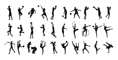 Set of sporty womens silhouettes. Basketball, calisthenics, gymnastics. Isolated vector