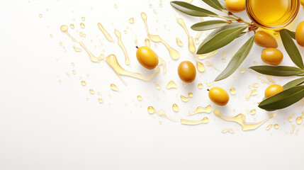 Wall Mural - Arrière-plan avec espace vide de composition, branches et olives. Goutte d'huile. Huile d'olive, jojoba, ricin, colza, tournesol. Nourriture, sauce, ingrédients. Pour conception et création graphique.