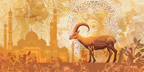Elegant Eid al Adha celebration with intricate goat illustration, mosque scenery, and ornate arabesque patterns in warm tones. Customizable text space.