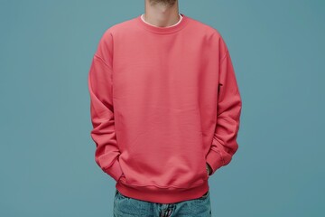 Wall Mural - Front view of a man in blank sweatshirt on blue background