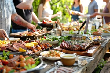 Wall Mural - Family and friends gathered around a picnic table laden with BBQ dishes, ready to dig in at a backyard party.