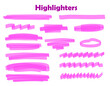 Pink vector highlighter graphic stylish element. Watercolor hand drawn highlight set. Pink highlighter collection, brush lines, isolated in white background. Marker pink set.