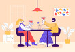 Man and woman couple having romantic dinner in restaurant. Cartoon couple spending time together in cafe