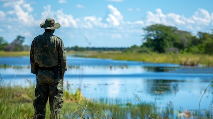 a ranger patrolling a protected area, ensuring the safety of wildlife and enforcing conservation law