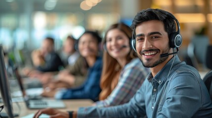 group photo of call center staff in a casual meeting, all smiling and engaging with each other, high