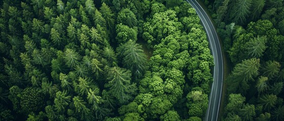 Drone shot of a forest with a bioswale along the roadside, illustrating innovative approaches to green infrastructure and water management