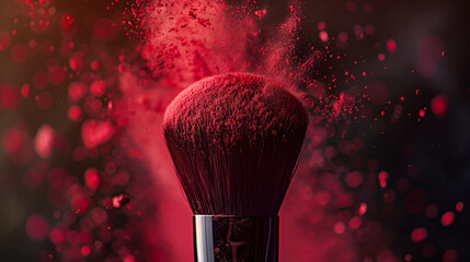 Poster - A makeup brush is covered in red powder, with smoke and steam rising from it. The brush appears to be used for applying makeup. close up makeup brush blowing crimson, dark background