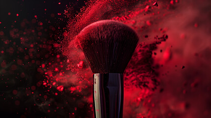 Poster - A makeup brush is covered in red powder, with smoke and steam rising from it. The brush appears to be used for applying makeup. close up makeup brush blowing crimson, dark background