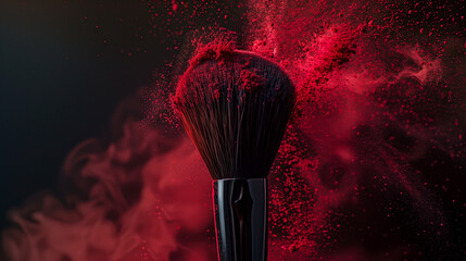 Poster - A makeup brush is covered in red powder, with smoke and steam rising from it. The brush appears to be used for applying makeup. close up makeup brush blowing crimson, dark background