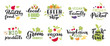 Organic fruits and veggies labels. Healthy local vegetables badges for bio product packaging. Vegetarian food