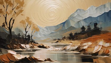 Wall Mural - Abstract beige color acrylic painting on canvas. Natural landscape with mountains. Oil painting