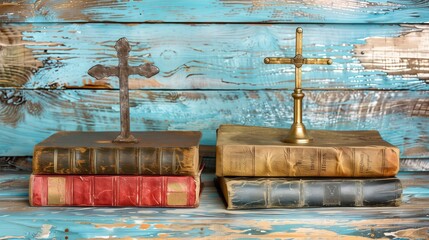 Wall Mural - Praying wooden cross and Holy Bible book concept