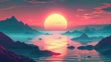 Canvas Print - a beautiful sunset with a large yellow sun in the sky