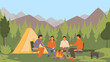 People camping. Friends sitting around bonfire grilling marshmallow. Young characters spending time together outside