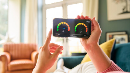 Close Up Of Woman Looking At Screen Of Energy Smart Meter On Mobile Phone Relaxing On Sofa At Home