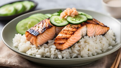 Wall Mural - Steamed white rice, grilled salmon fillet, and fresh cucumber slices come together to make a filling and healthful dinner that is good for the body as well as the palate.