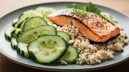Wall Mural - A well-rounded and nourishing meal is provided by the meal's balanced combination of carbs from the rice, water and crunch from the cucumber slices, protein from the grilled salmon, and omega-3 fatty 