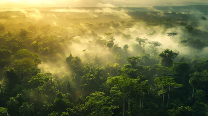 Wall Mural - A lush green forest with a foggy mist in the air