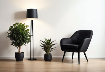 Wall Mural - black arm chair interior with lamp and green plant on white wall