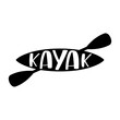 Logo club de deportes acuáticos. Palabra kayak en silueta de kayak o canoa con remos cruzados 