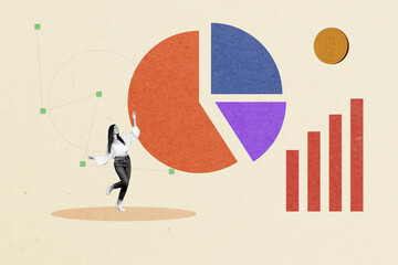 Poster - Composite collage illustration of young business lady analyzing piechart control invest strategy isolated on beige color background