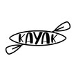 Logo club de deportes acuáticos. Palabra kayak en silueta de kayak o canoa lineal con remos cruzados 