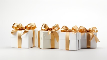Aufkleber - Generative AI 5 white gifts wrapped with golden ribbon on a white isolated background