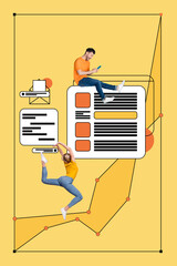 Sticker - Creative abstract template collage of funny two people graphic data analysis service strategy freak bizarre unusual fantasy billboard