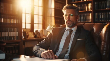 Poster - A professional man in a suit and tie is seated comfortably in a chair. He exudes confidence and professionalism, perhaps in a business or office setting.