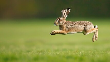 Poster - Captivating close-up of European hares in full flight across a meadow, with bokeh green background enhancing the sense of speed and freedom in this exhilarating.