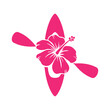 Logo vacaciones en Hawái. Silueta de flor de hibisco sobre kayak o canoa con remos cruzados