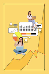 Poster - Vertical composite artwork collage image of two girl use netbook speak phone isolated on creative background