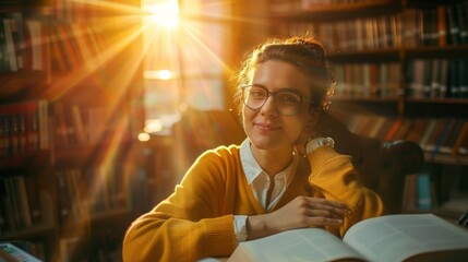 Poster - A woman with dark hair is sitting in a library, engrossed in a book. Shelves filled with books are in the background. The woman appears focused and thoughtful as she reads.