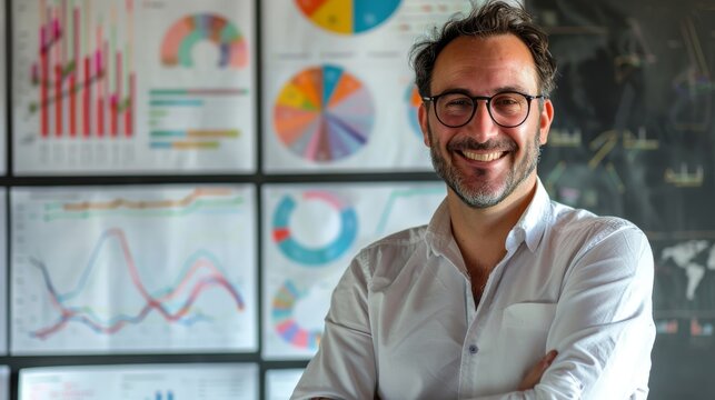 Business analysis board with diagrams and charts, smiley man in glasses standing in front of it. Stock Artificial Intelligence.