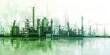 Abstract green and white stylized illustration of an industrial complex with reflections in water