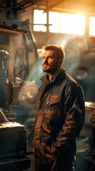 Poster - A man in a blue jacket stands in front of a machine. He is wearing a safety vest and has a beard