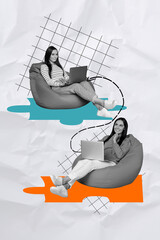 Poster - Creative collage of girl coworkers internet connection sit beanbag together bizarre unusual fantasy billboard comics