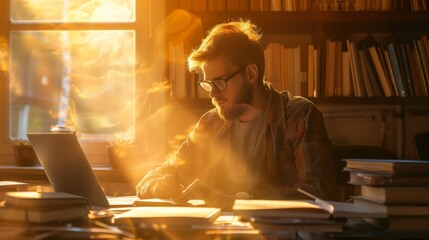 Aufkleber - A man is seated at a desk, focused on his laptop computer. He appears to be working or studying intently in a modern office or home setting.