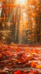 Poster - A forest with a path through it and leaves on the ground. The leaves are orange and the sun is shining through the trees