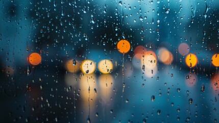 Poster - Rain drops are seen on a window, with blurred lights in the background. The drops form a pattern as they trickle down the glass, reflecting the ambient lights.