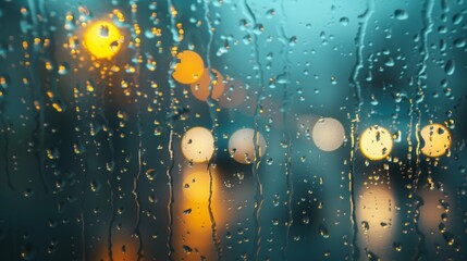 Poster - Rain drops are seen streaming down a window, with street lights visible in the background. The rain creates a pattern on the glass as it falls.