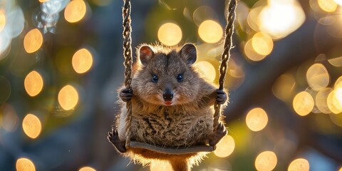 Wall Mural - Dynamic composition capturing the sheer delight of a quokka on a swing, with bokeh lights twinkling in the background, creating a magical atmosphere of happiness.