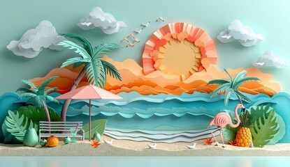 Wall Mural -  summer beach scene with palm trees, umbrella and some tropical fruits