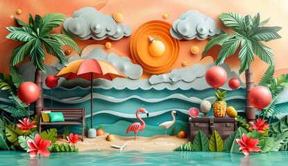 Wall Mural - summer beach scene with palm trees and an umbrella. A little flamingo is sitting on a bench in the middle of the picture. 