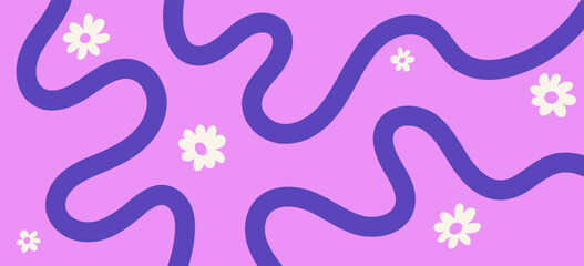 Wall Mural - abstract pink minimalistic background with wavy line and flowers. backdrop with organic curvy curly 