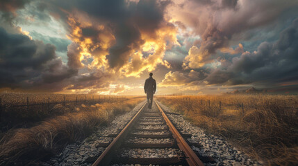 Wall Mural - Man walking on railway track under dramatic sunset sky