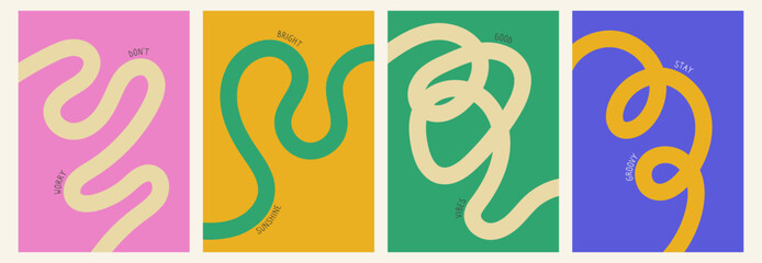 set of color abstract banner with curvy line and motivational phrase. background with scribble squig
