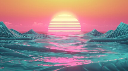 Wall Mural - a sunset over the ocean with a large sun in the sky